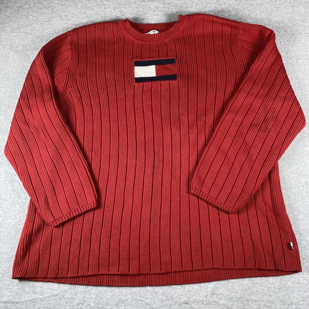 Tommy Hilfiger Red Ribbed Crewneck Sweater with Flag Logo